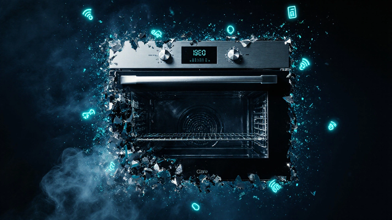 An old oven breaking down into digital fragments as a modern oven rises from the ashes.