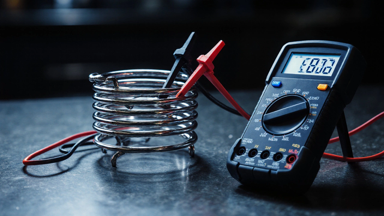 Close-up of a heating element being tested with a multimeter showing resistance.