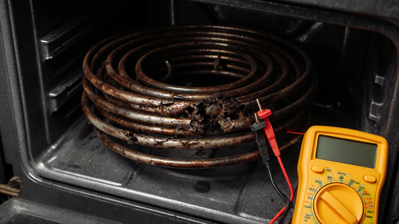Close‑up of damaged heating element with broken coil and multimeter.