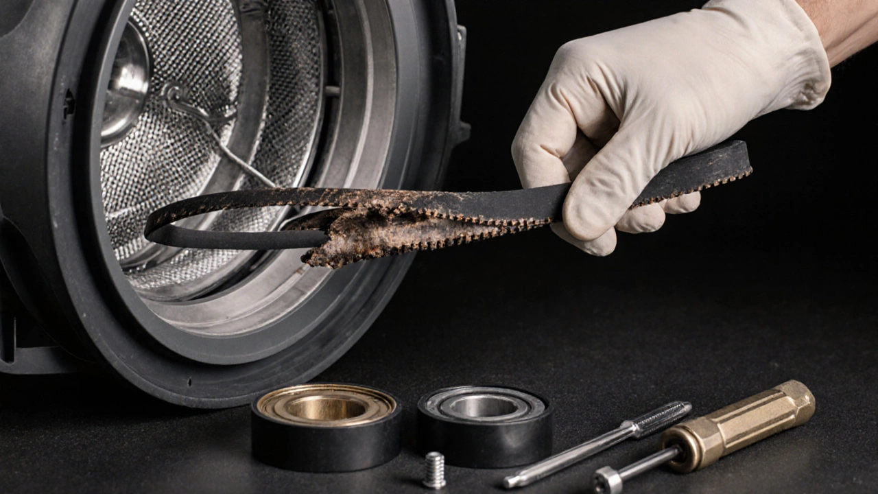 Close‑up of dryer interior showing broken belt, heating element and a hand installing a new belt.