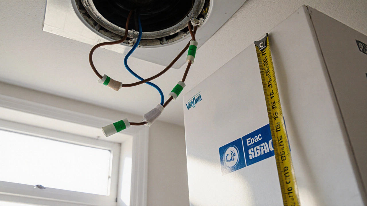 Close-up of exposed wires and measuring tape next to a ceiling opening with a new fan box nearby.