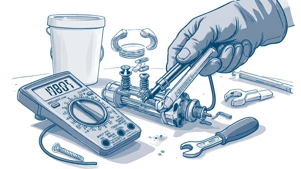Close-up of water heater element tested with a multimeter.