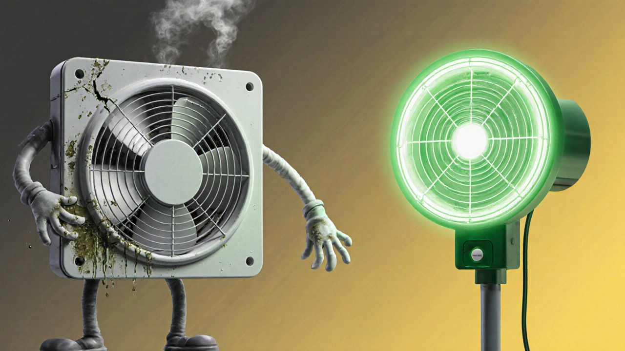 Conceptual image showing a worn-out fan next to a bright new one, symbolizing replacement and efficiency.