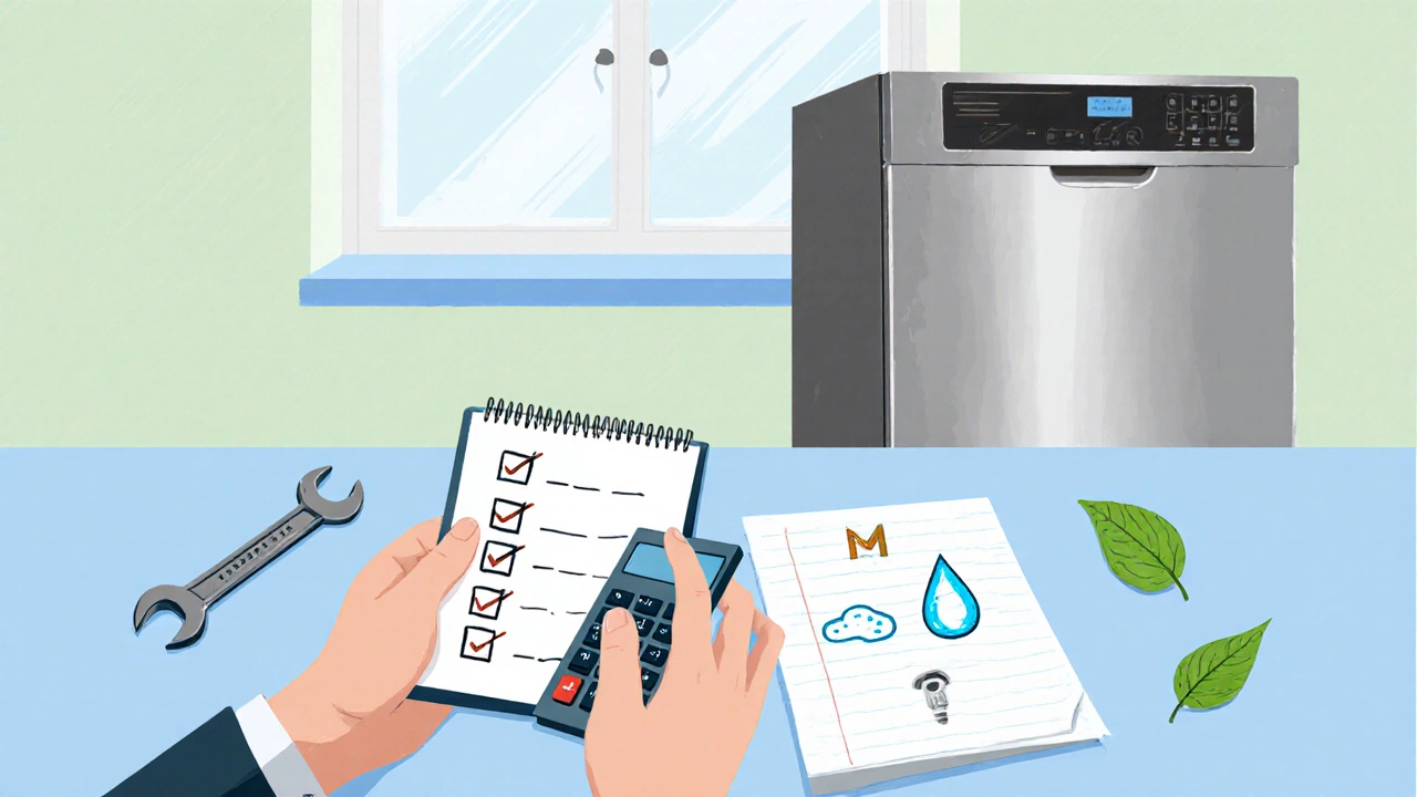 Countertop scene with calculator, checklist items, and old vs. new dishwasher in the background.