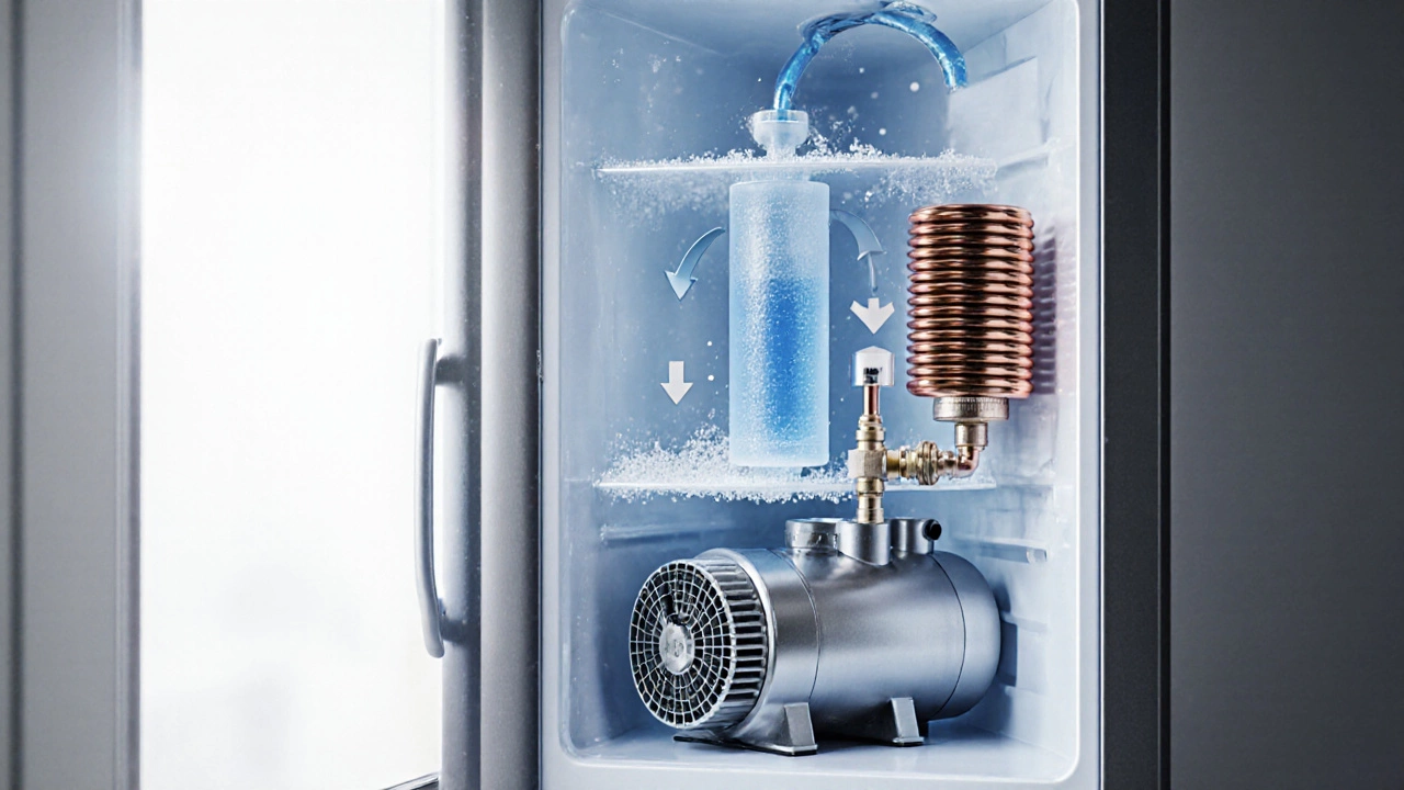 Cross‑section of a fridge illustrating the compressor, condenser, expansion valve, and evaporator with refrigerant flow.