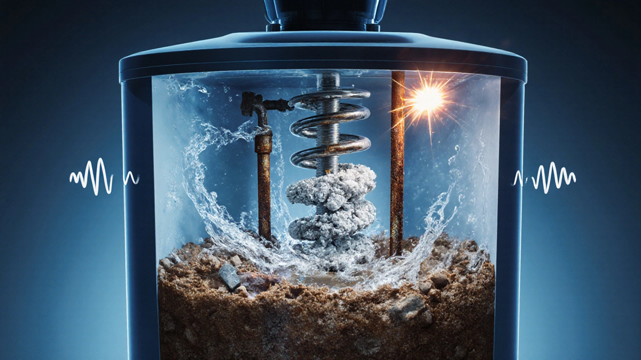 Cross‑section of a water heater showing sediment, mineral‑coated element and corroded anode rod.