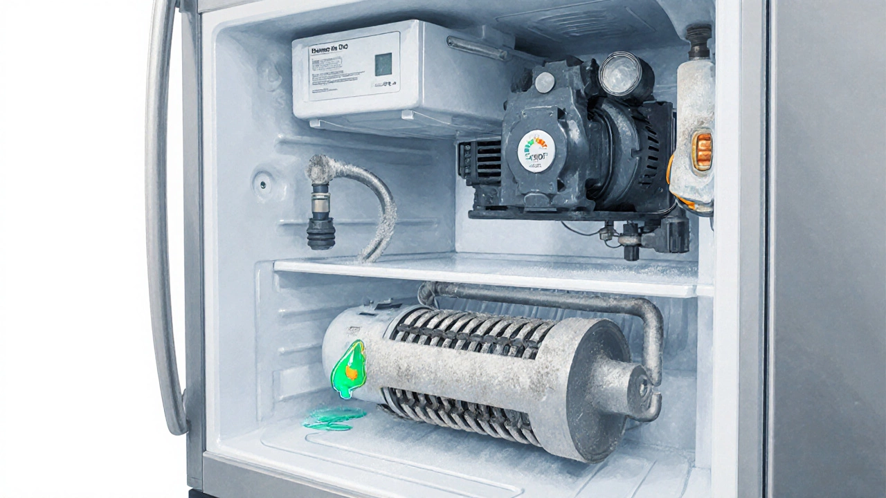 Cutaway illustration of a fridge showing compressor, thermostat, dusty coils, frost, and oil leak.