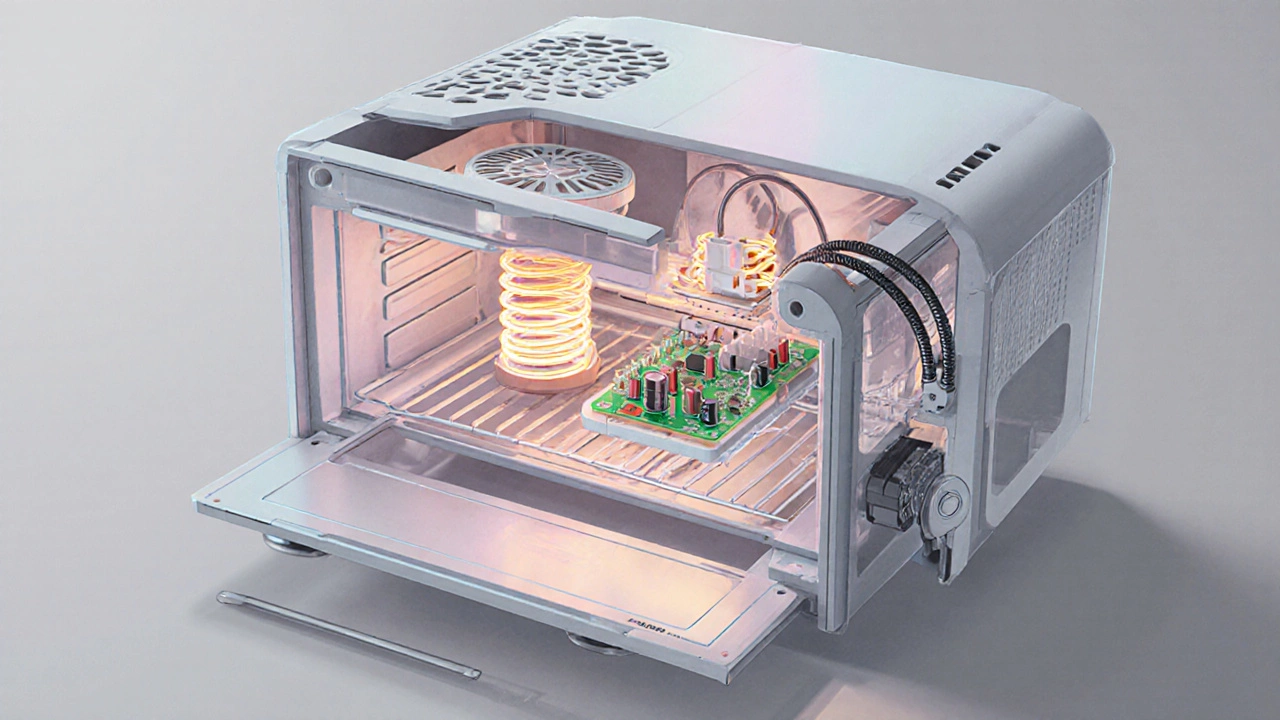 Cutaway view of an electric oven showing key internal parts.