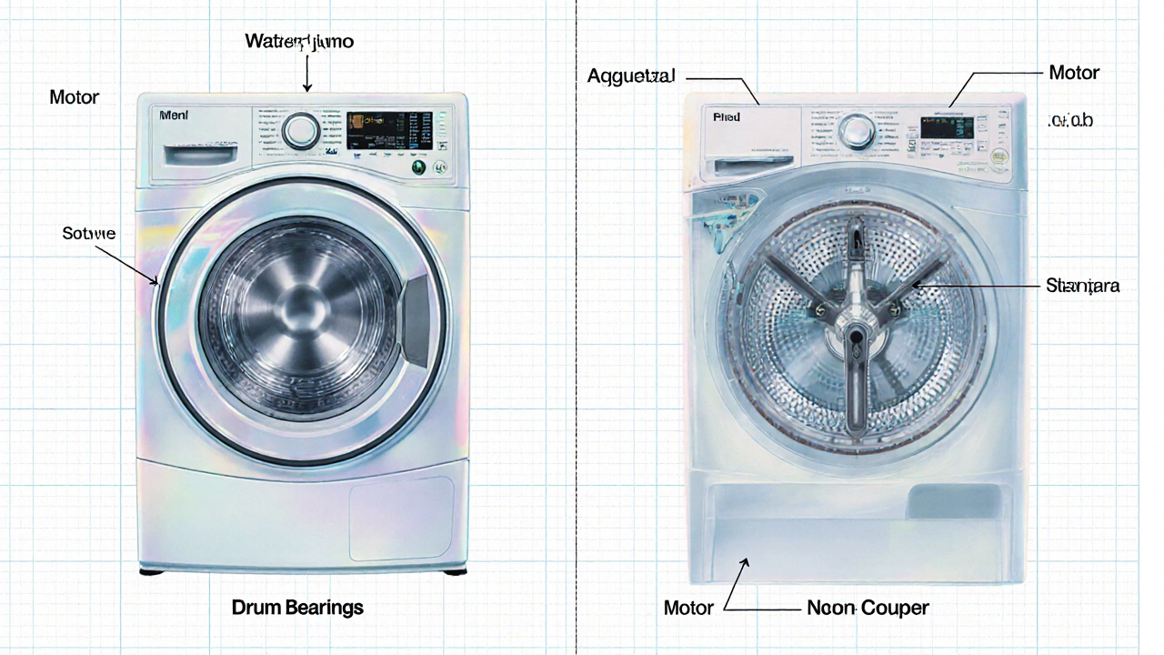 Cutaway view of front‑load and top‑load washers highlighting bearings, motor, and pump.