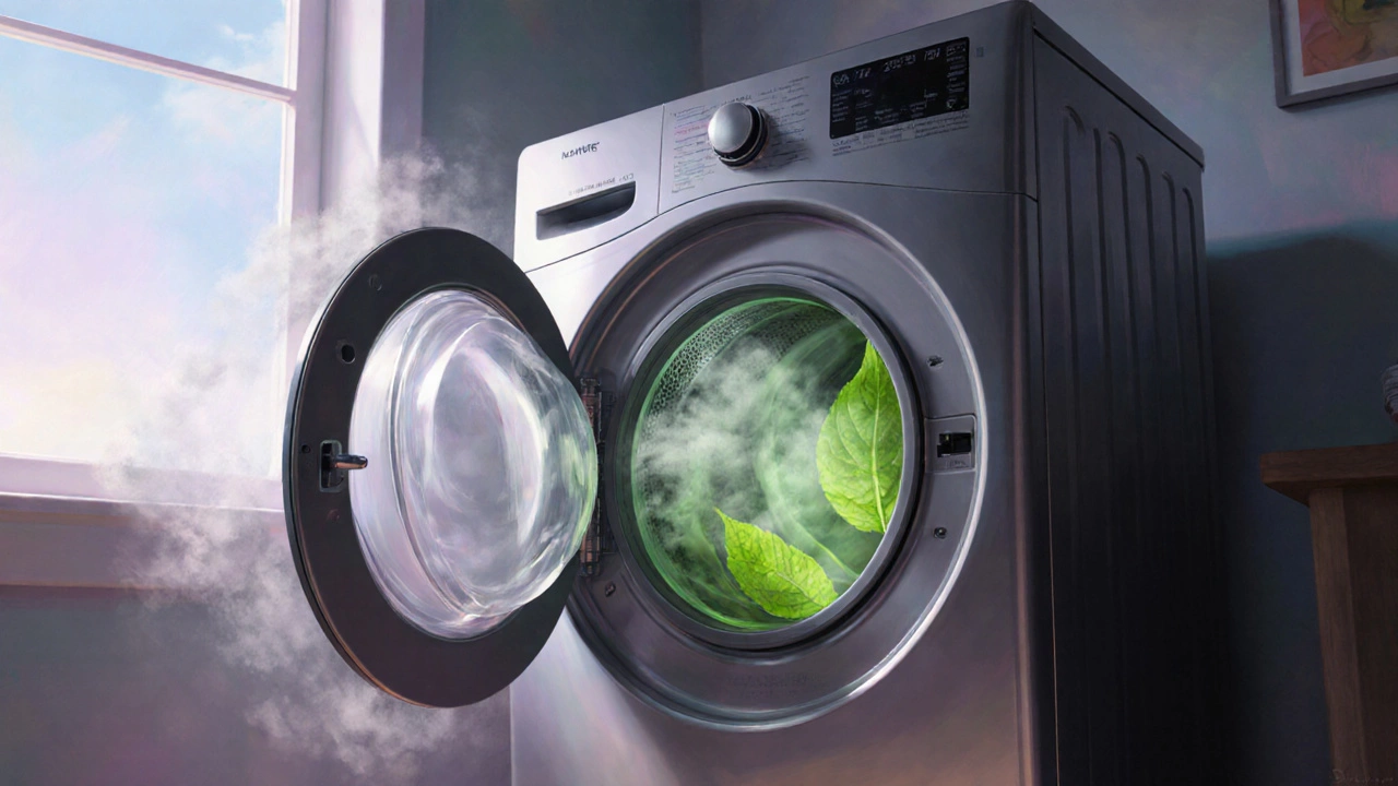 Eco‑focused laundry room with dryer emitting green leaf glow and fading CO₂ clouds.