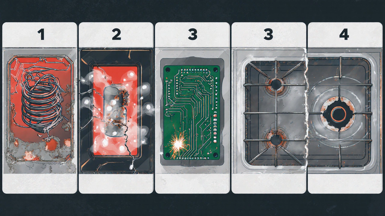 Five detailed illustrations of common oven failures: coil, sensor, gasket, board, gas burner.
