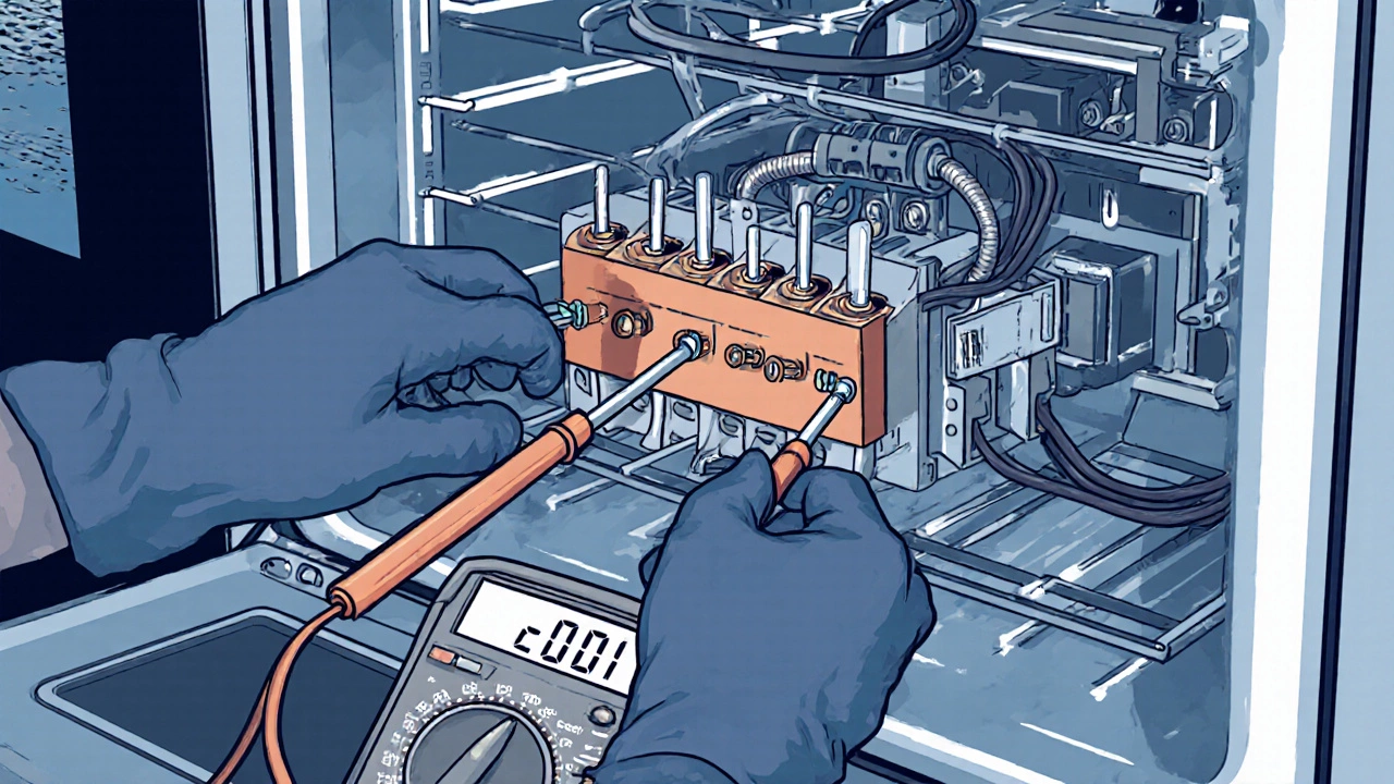 Gloved hand disconnects oven wiring while a multimeter shows no voltage.