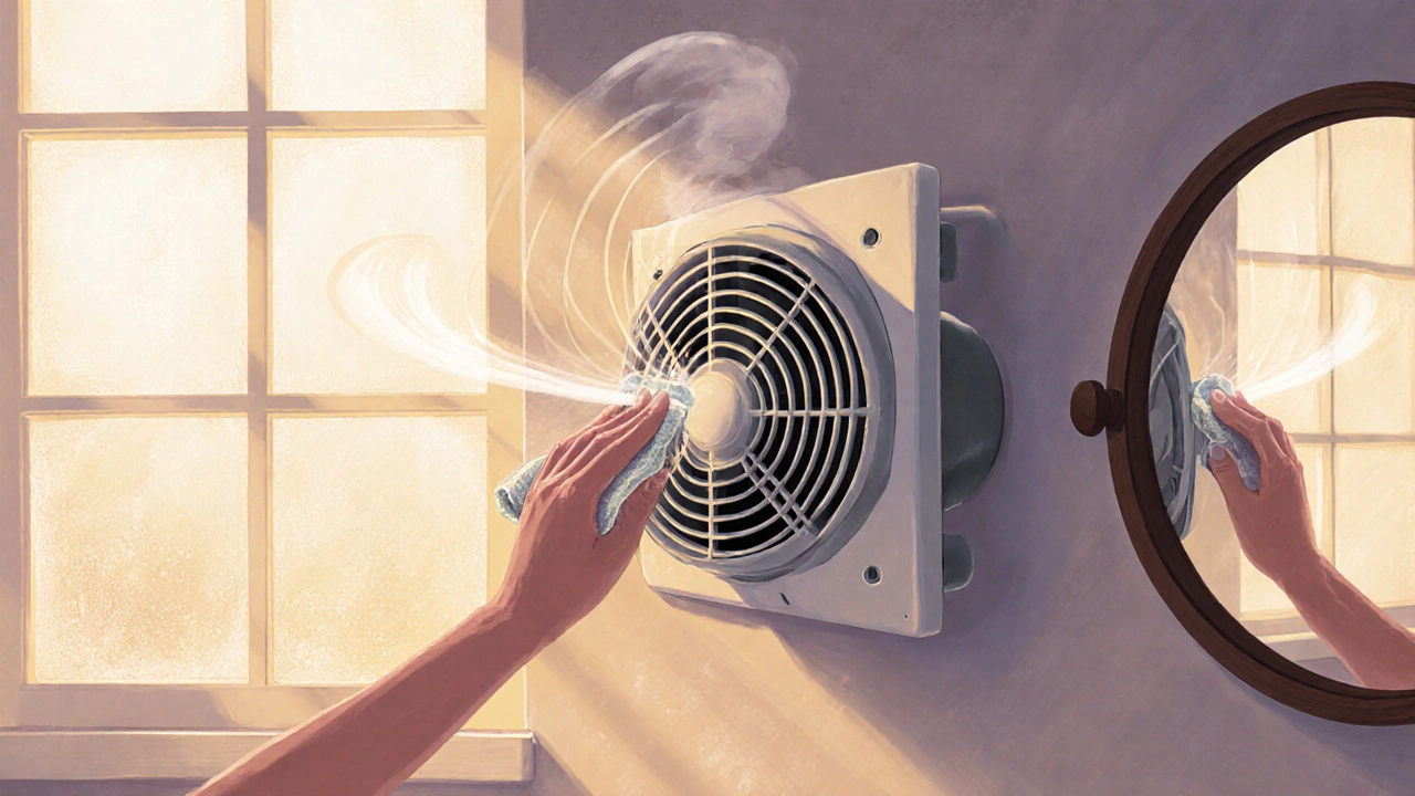 Hand wiping a new fan grille as soft airflow clears steam from a bathroom mirror.
