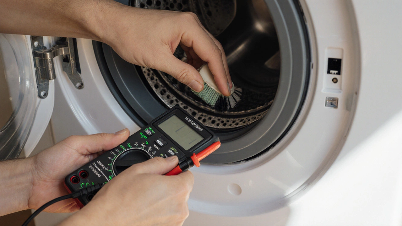 Hands cleaning a washer latch and testing the lock with a multimeter.