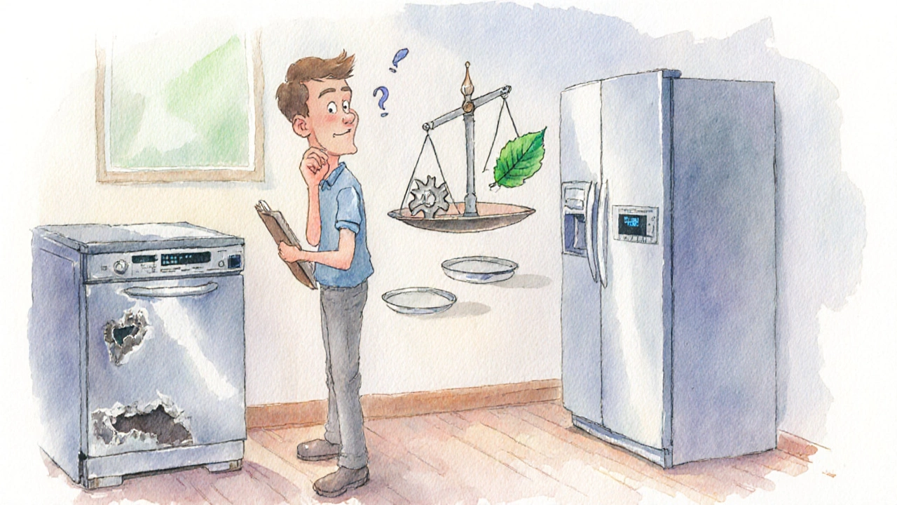 Homeowner weighing old versus new dishwasher with a floating scale in a kitchen.