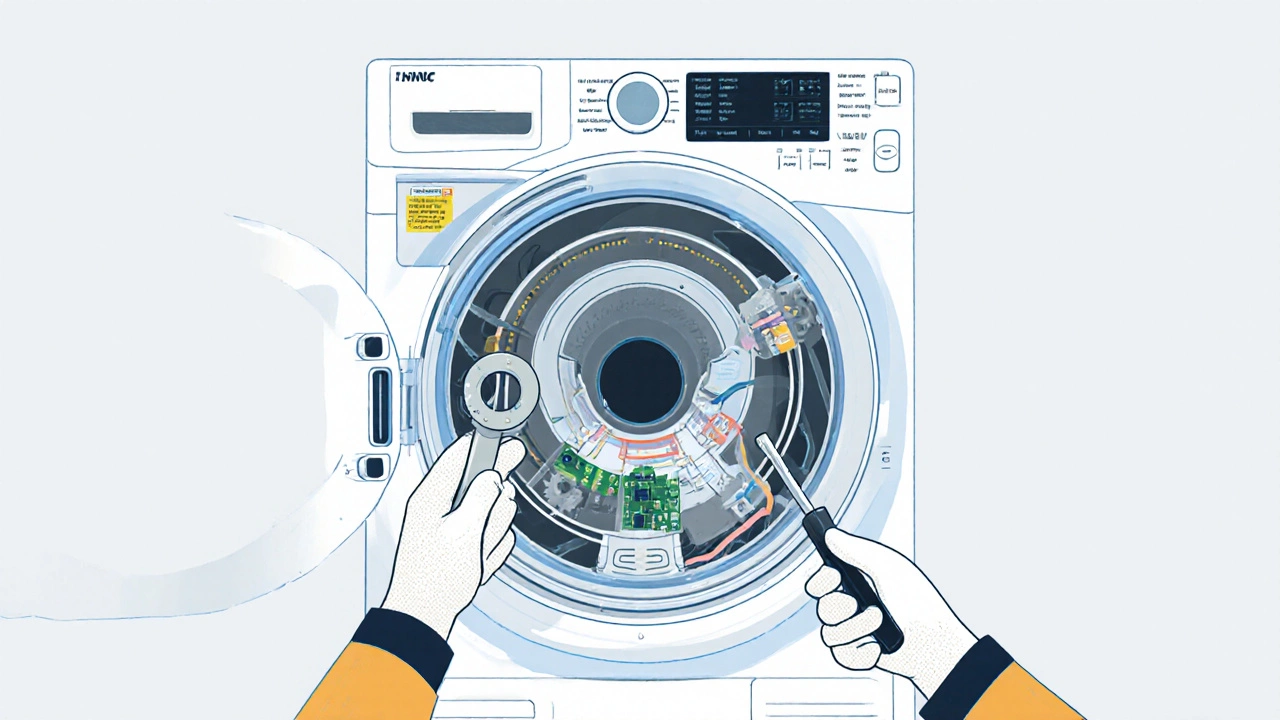 Illustrated cutaway view of washing machine parts being fixed by a technician.