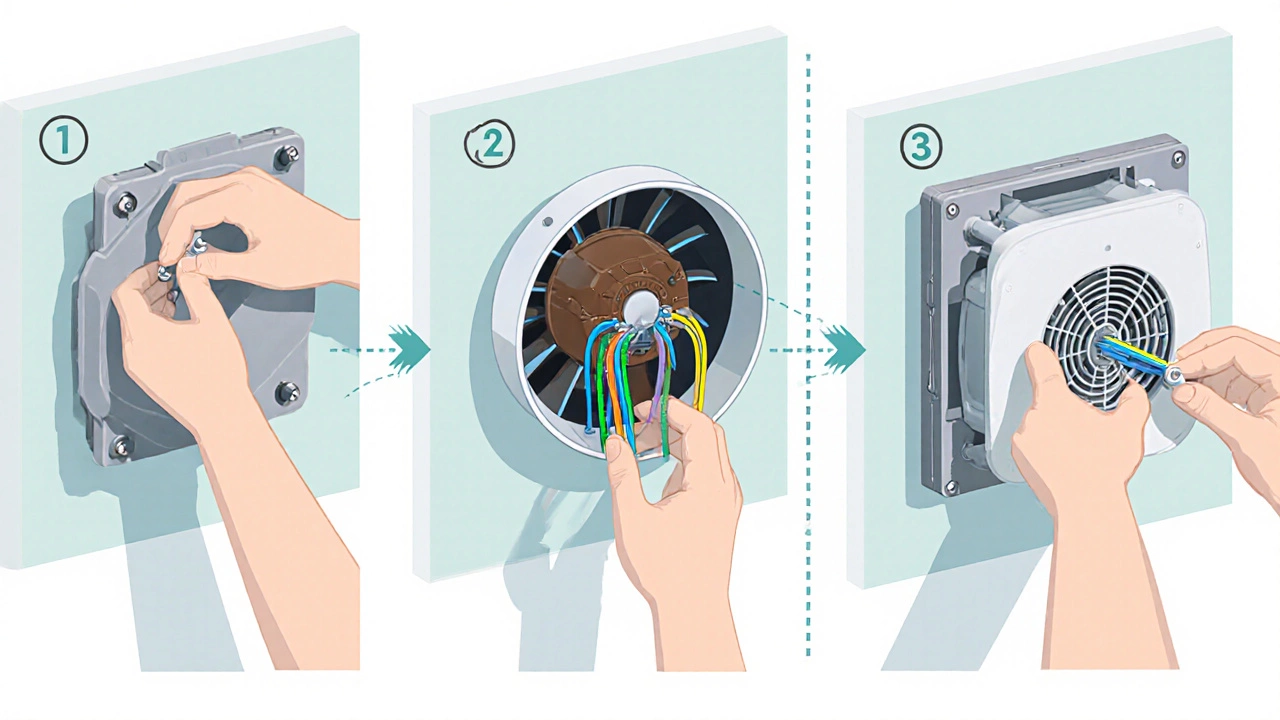 Illustrated steps of unscrewing a fan cover, exposing wiring, and positioning a new fan.