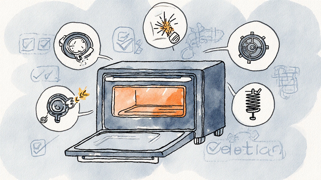 Illustration of oven parts and tools for maintenance, including gasket and thermostat.