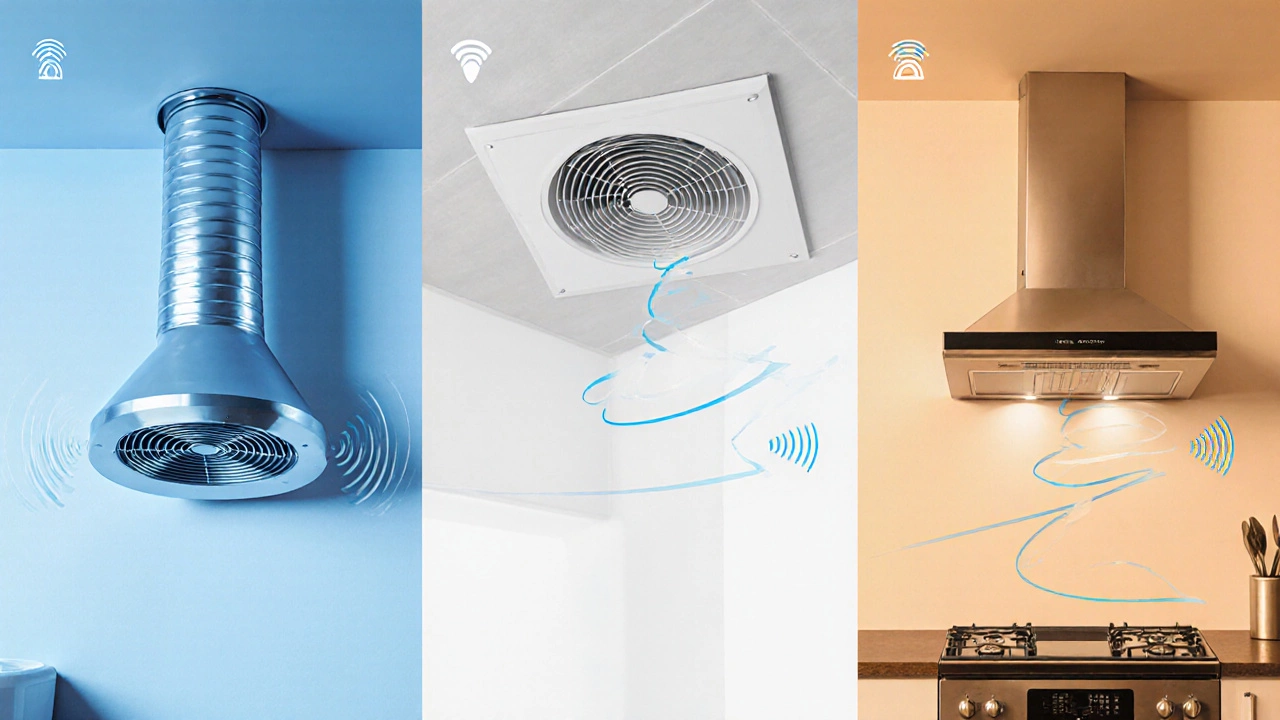 Illustration showing ducted, ceiling‑mounted, and wall‑mounted fans in three kitchen sections.