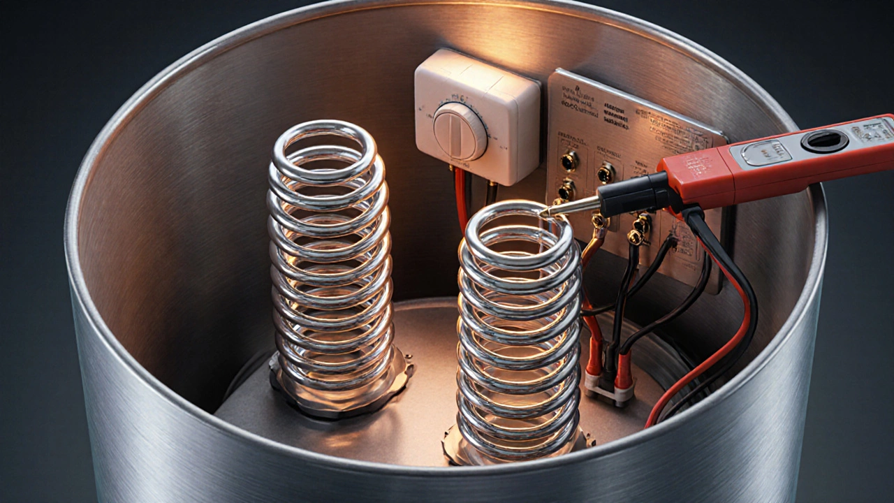 Isometric view of a water heater interior with heating elements, thermostat, and multimeter.