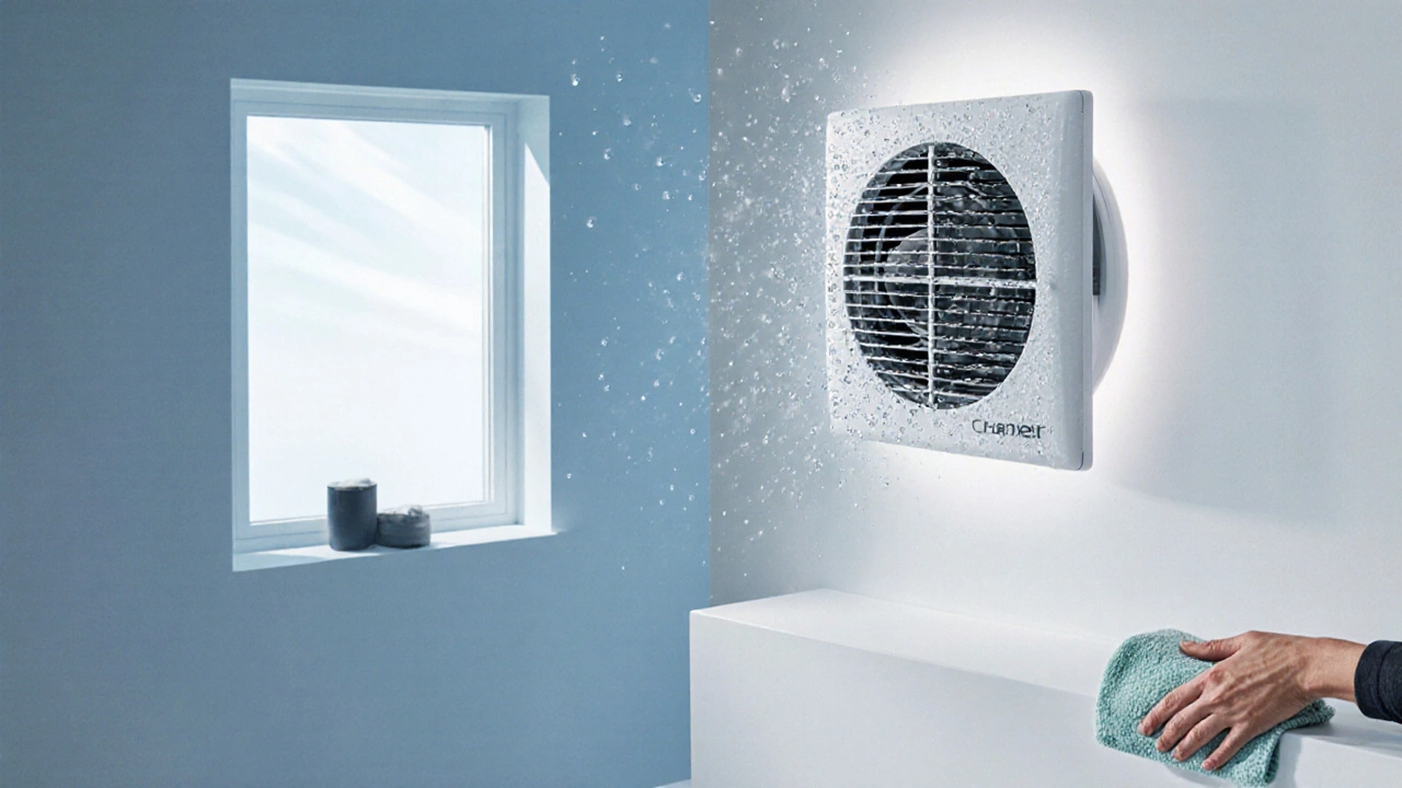 Modern extractor fan in a bathroom, clearing condensation from a mirror with clean, quiet operation.