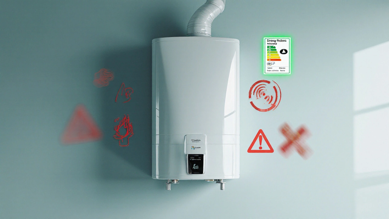 Modern heat‑pump water heater with fading red‑flag icons indicating replacement.