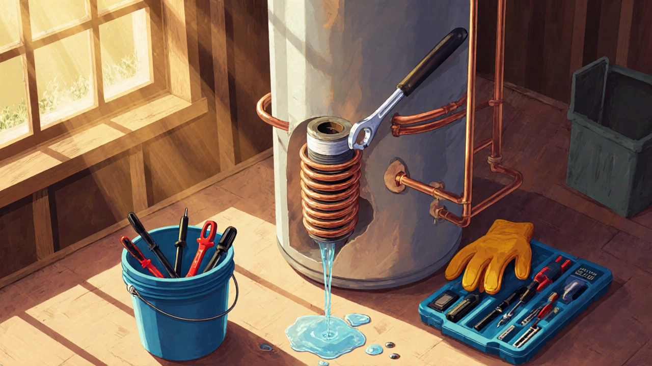 New heating element being installed with tools and safety gear.