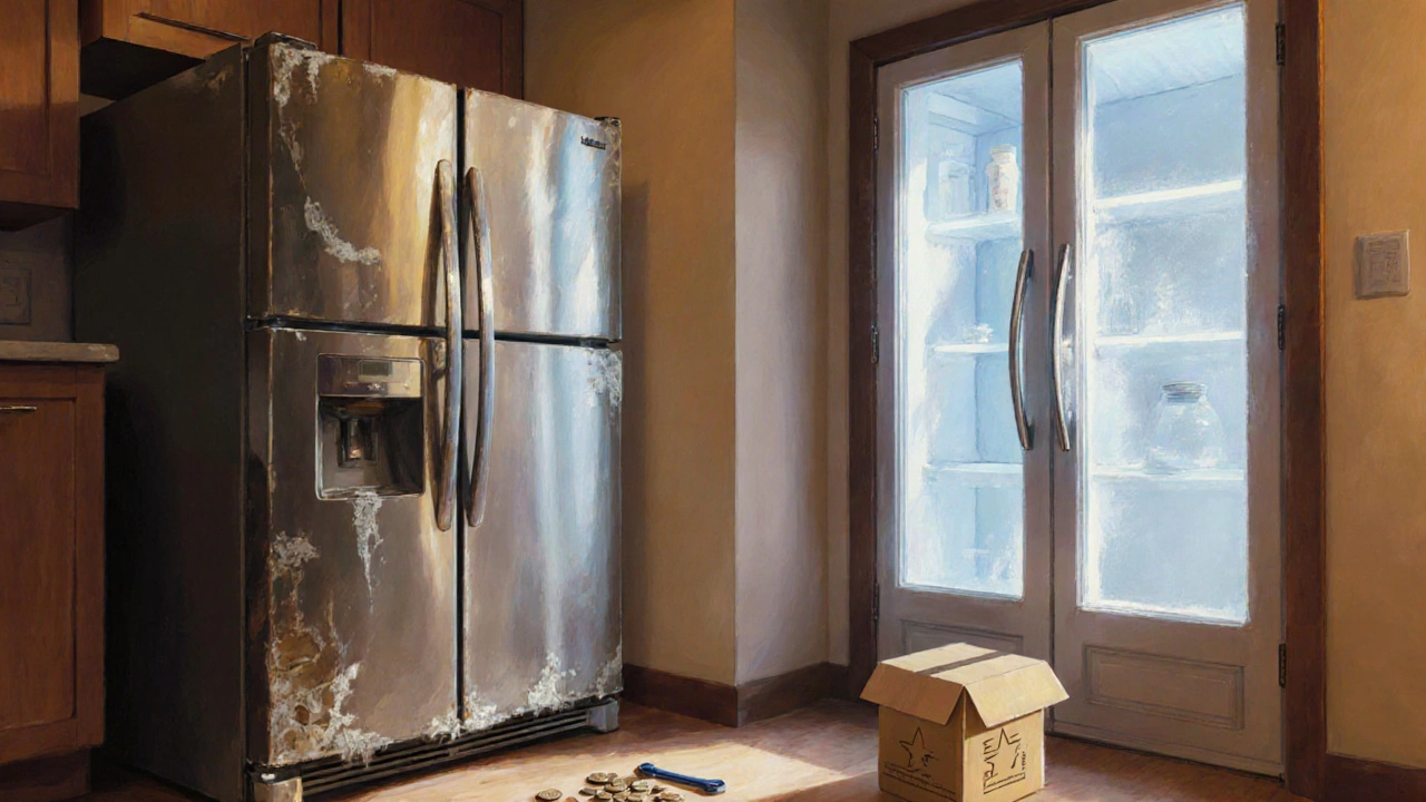 Old fridge beside a new energy‑efficient model with toolbox and box suggesting repair vs replace.