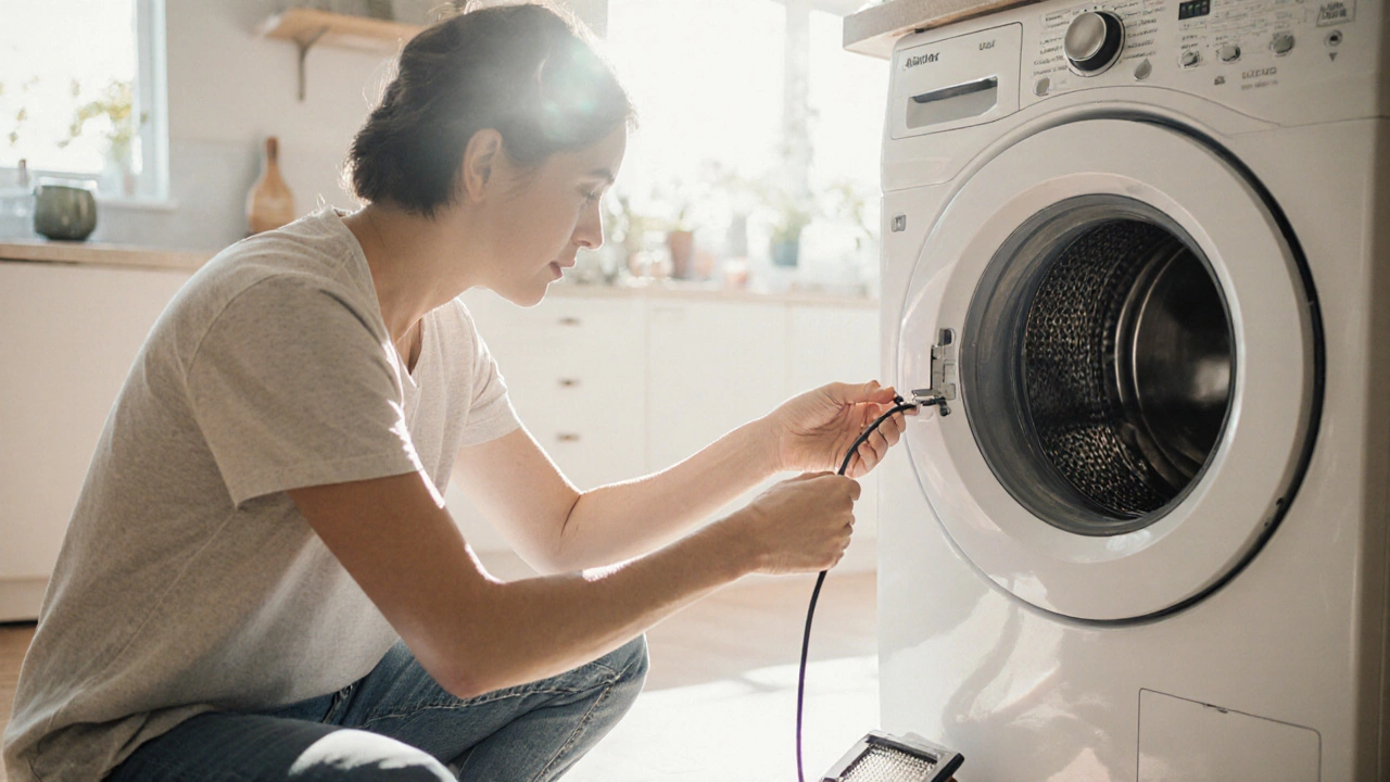 Person checking a washing machine's cord and filter in a bright kitchen, emphasizing safety inspection.