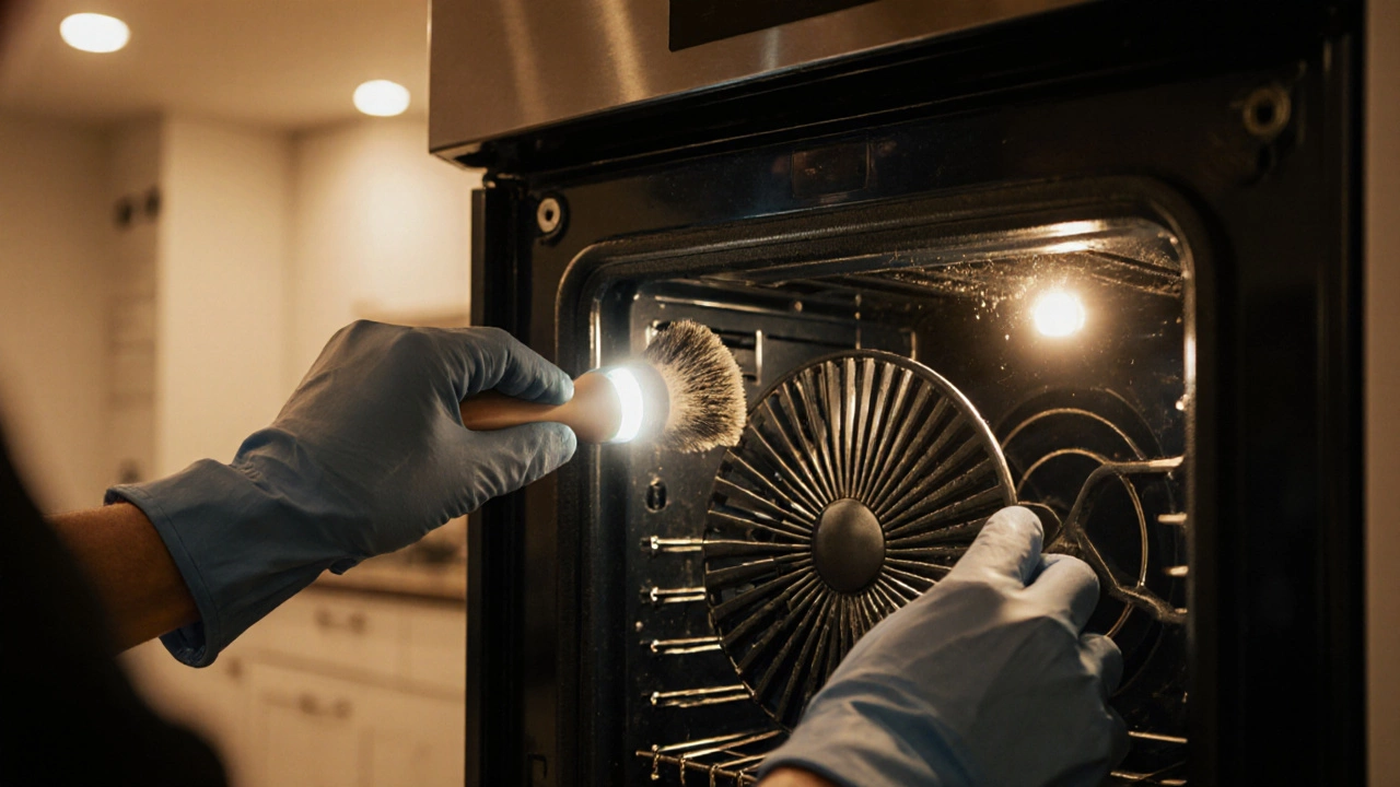 Person cleans the rear vent and fan of an electric oven.