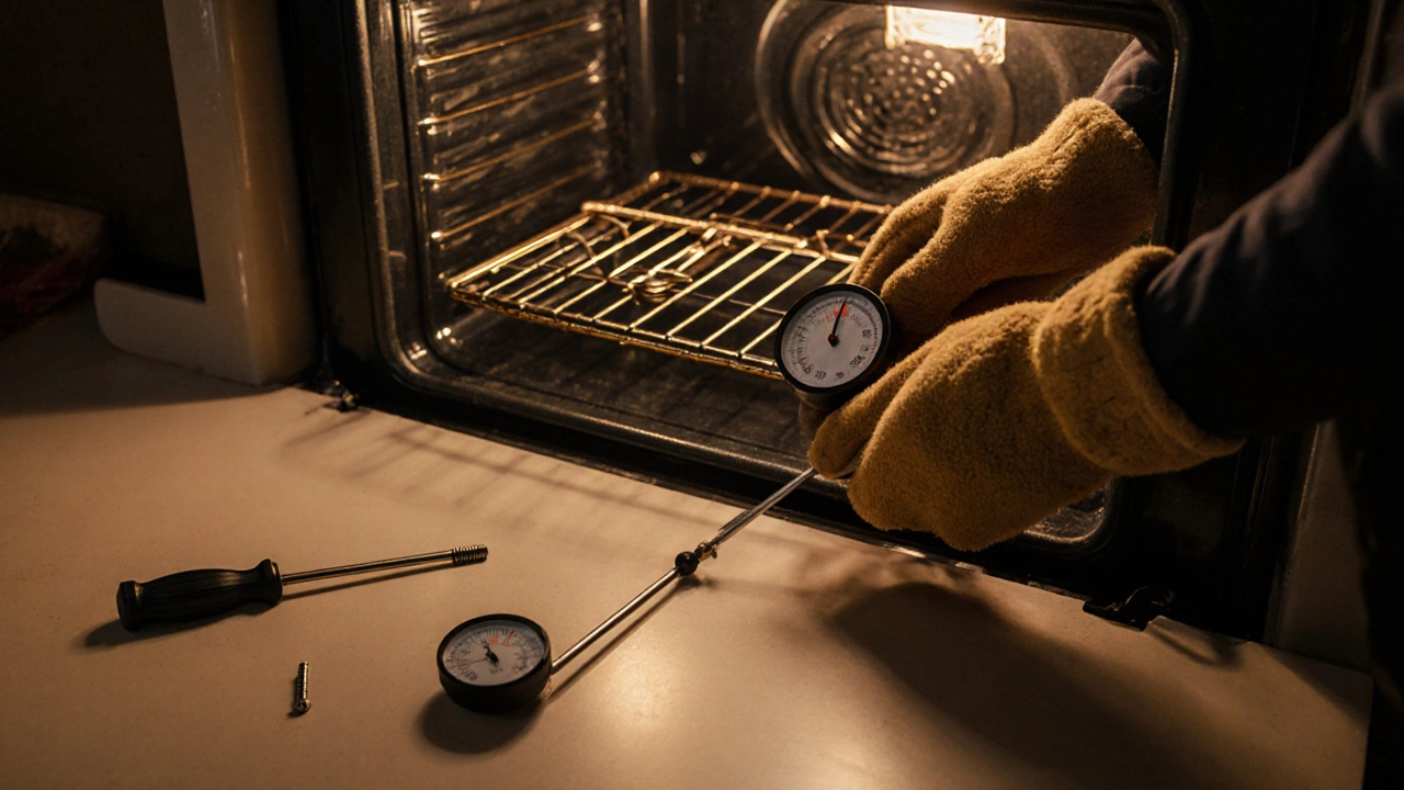 Person in gloves inspecting an oven element and checking temperature with a thermometer.
