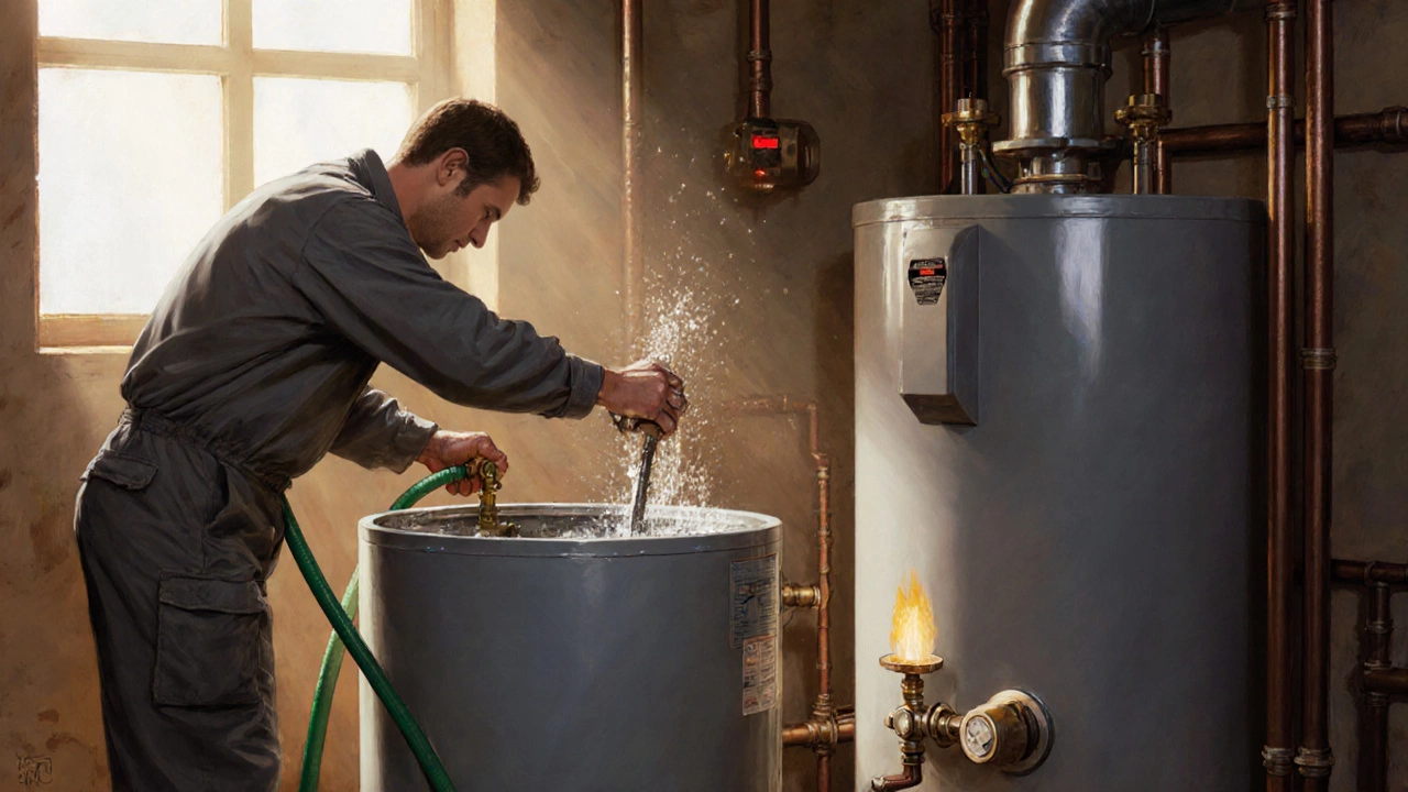Plumber replaces anode rod and tests pressure relief valve on an open water heater.