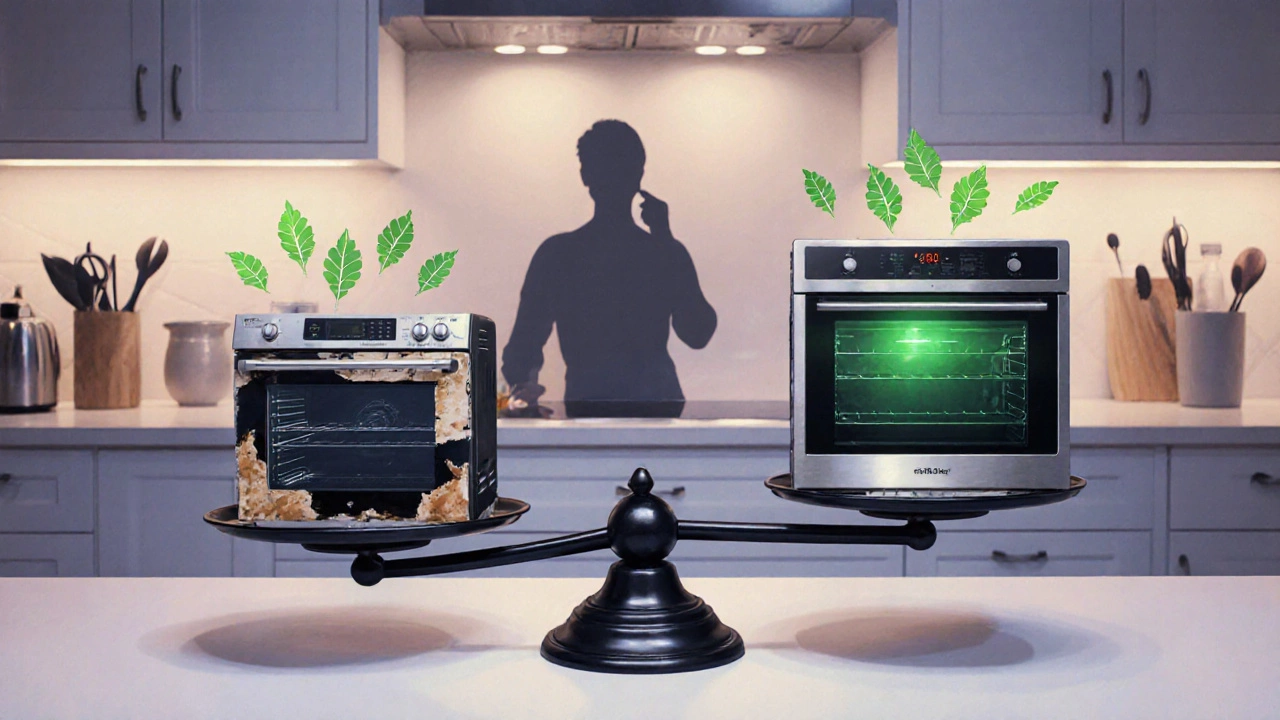 Scale balancing an old repaired oven against a new energy‑efficient model in a kitchen.
