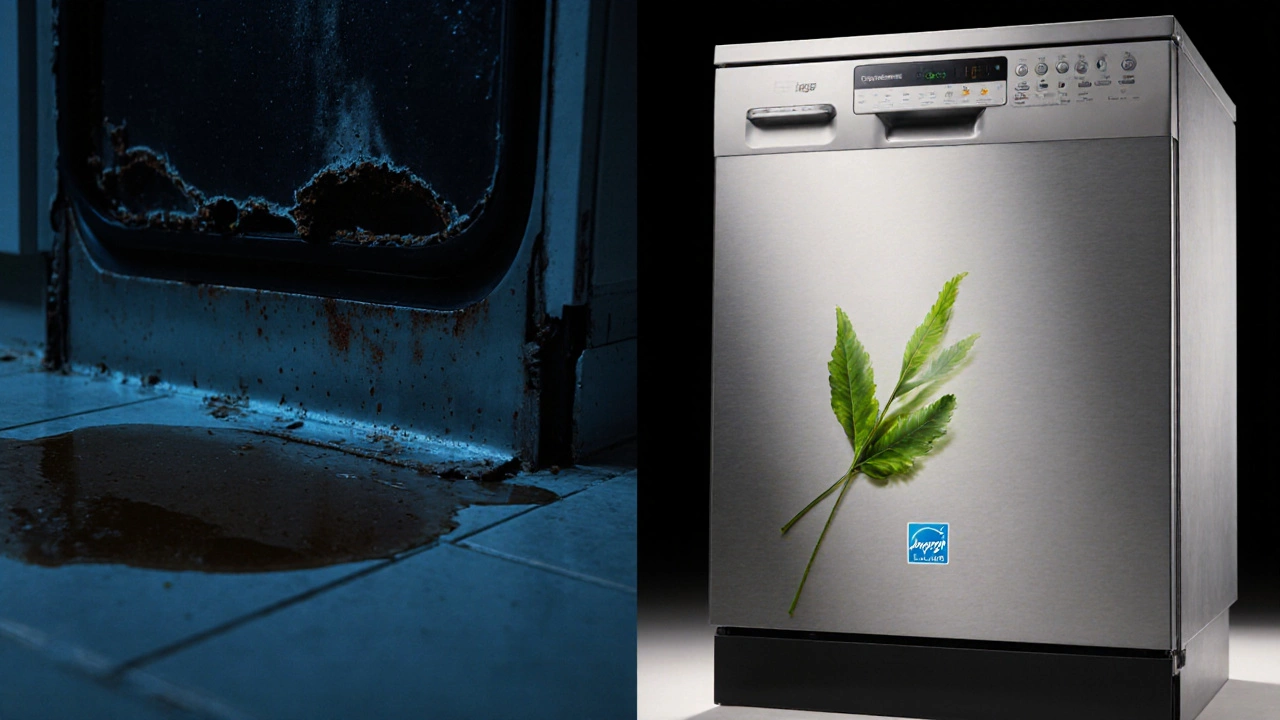 Side‑by‑side view of an old leaking dishwasher and a new sleek Energy Star model.