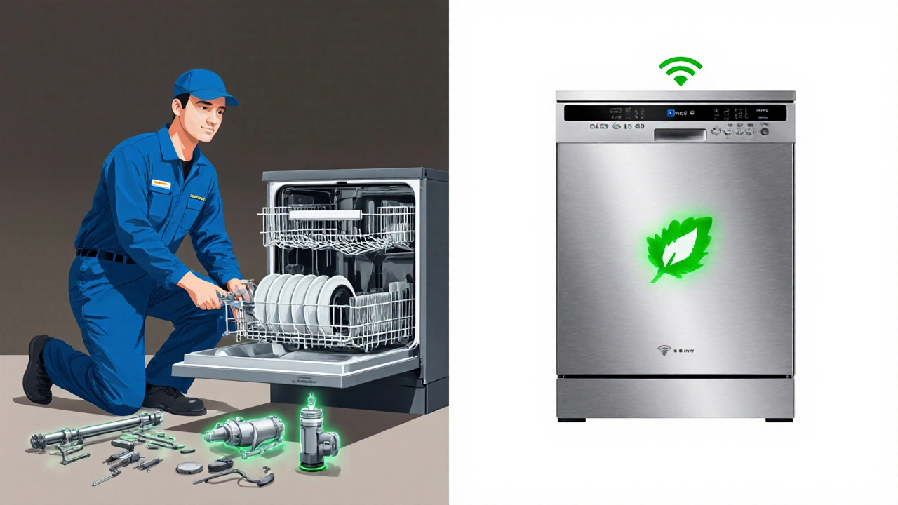 Split illustration showing a technician with dishwasher parts and a modern energy‑efficient dishwasher.