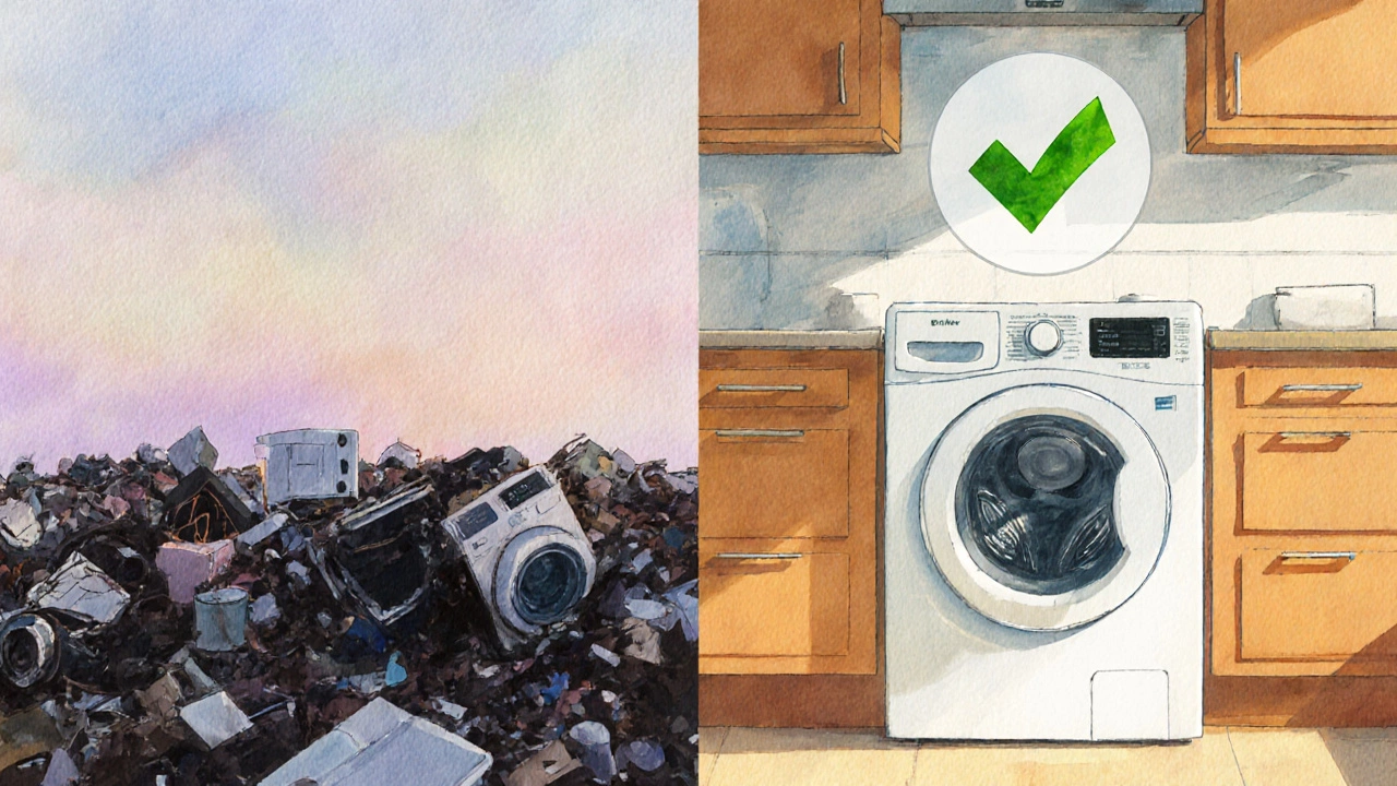 Split scene showing landfill waste beside a repaired, eco‑friendly washer.
