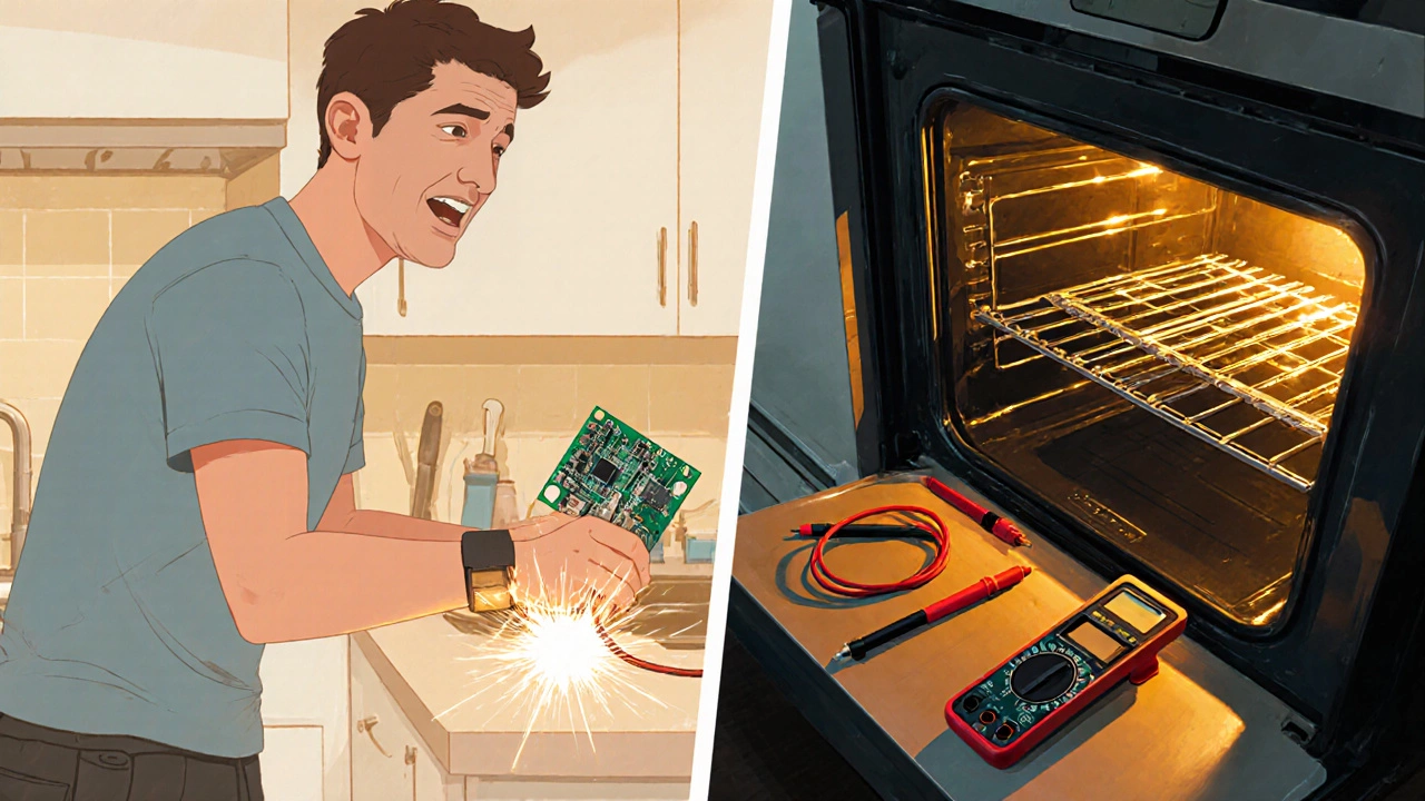 Split-screen of DIYer struggling with oven wiring versus professional technician installing a new control board.