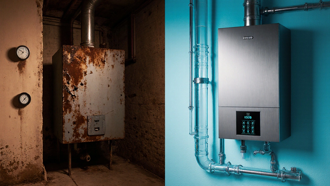 Split view of an old rusted boiler beside a sleek new condensing boiler with digital display.