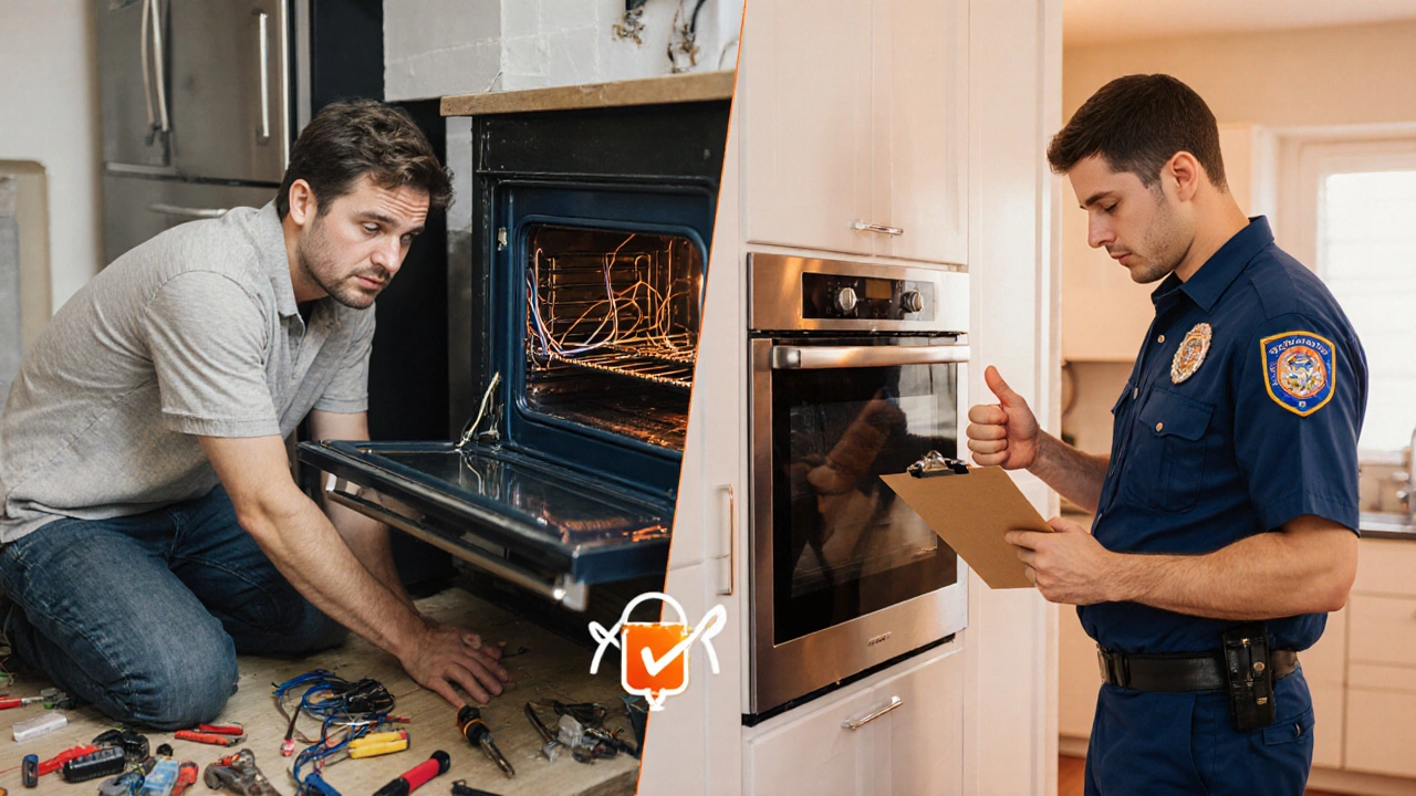 Split view of DIY installer vs professional electrician inspecting a new oven.