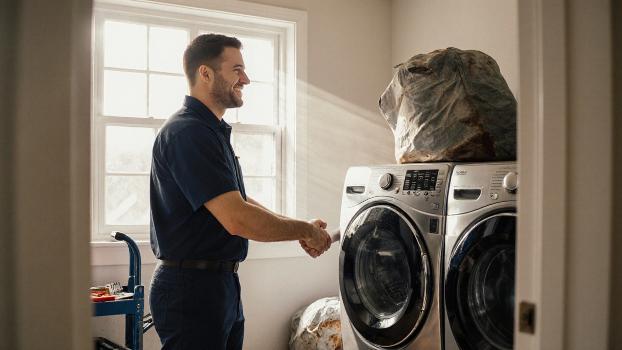 Technician and homeowner discuss replacing an old washer with a new energy‑efficient model.