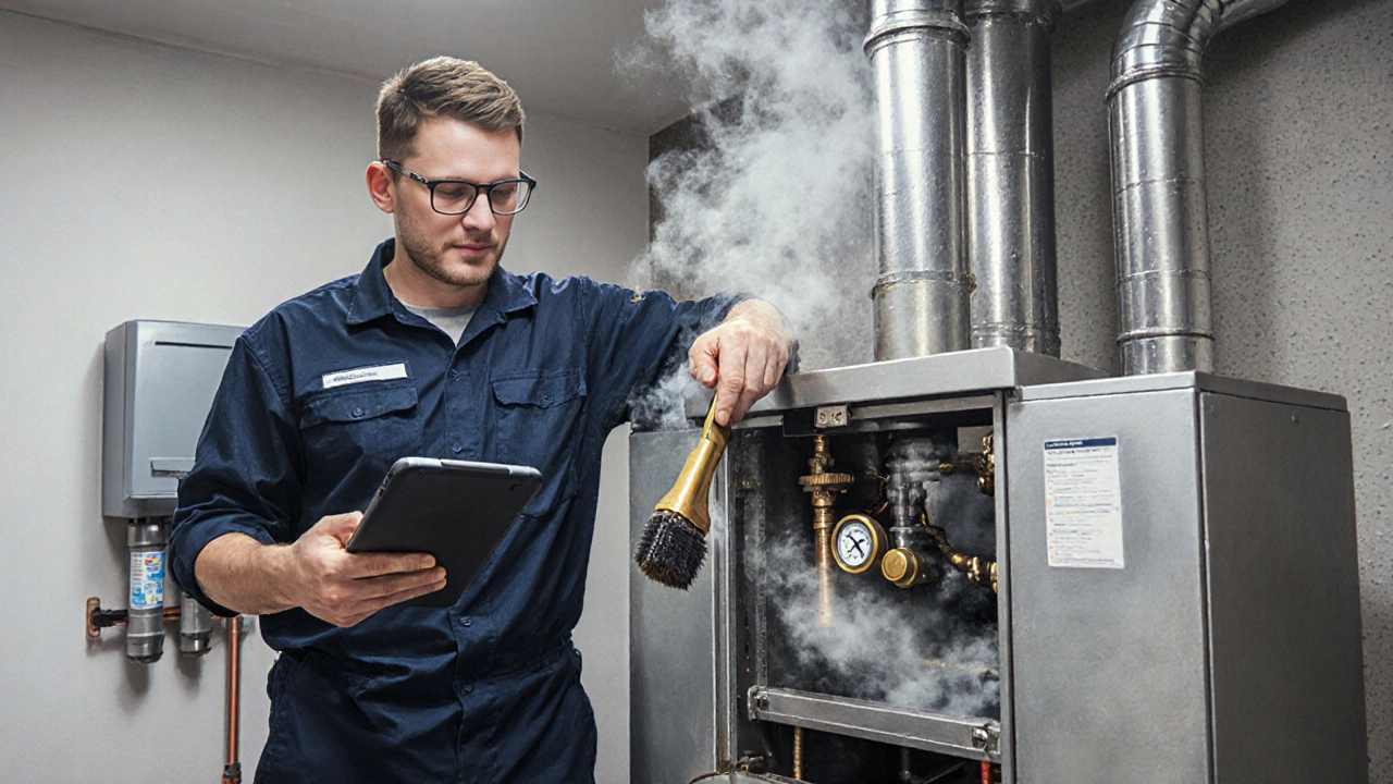 Technician in uniform examining a modern boiler, using tools, checking pressure gauge and heat exchanger.