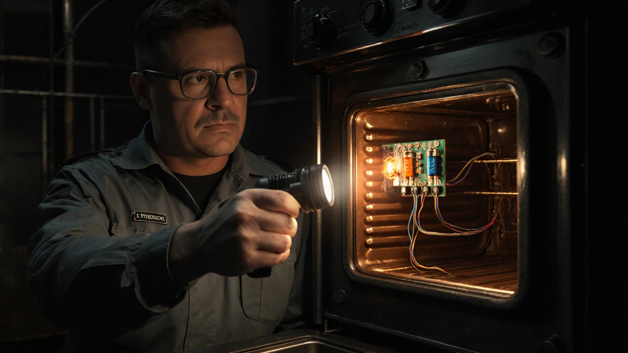 Technician inspecting a burnt control board and fuse inside a gas oven.
