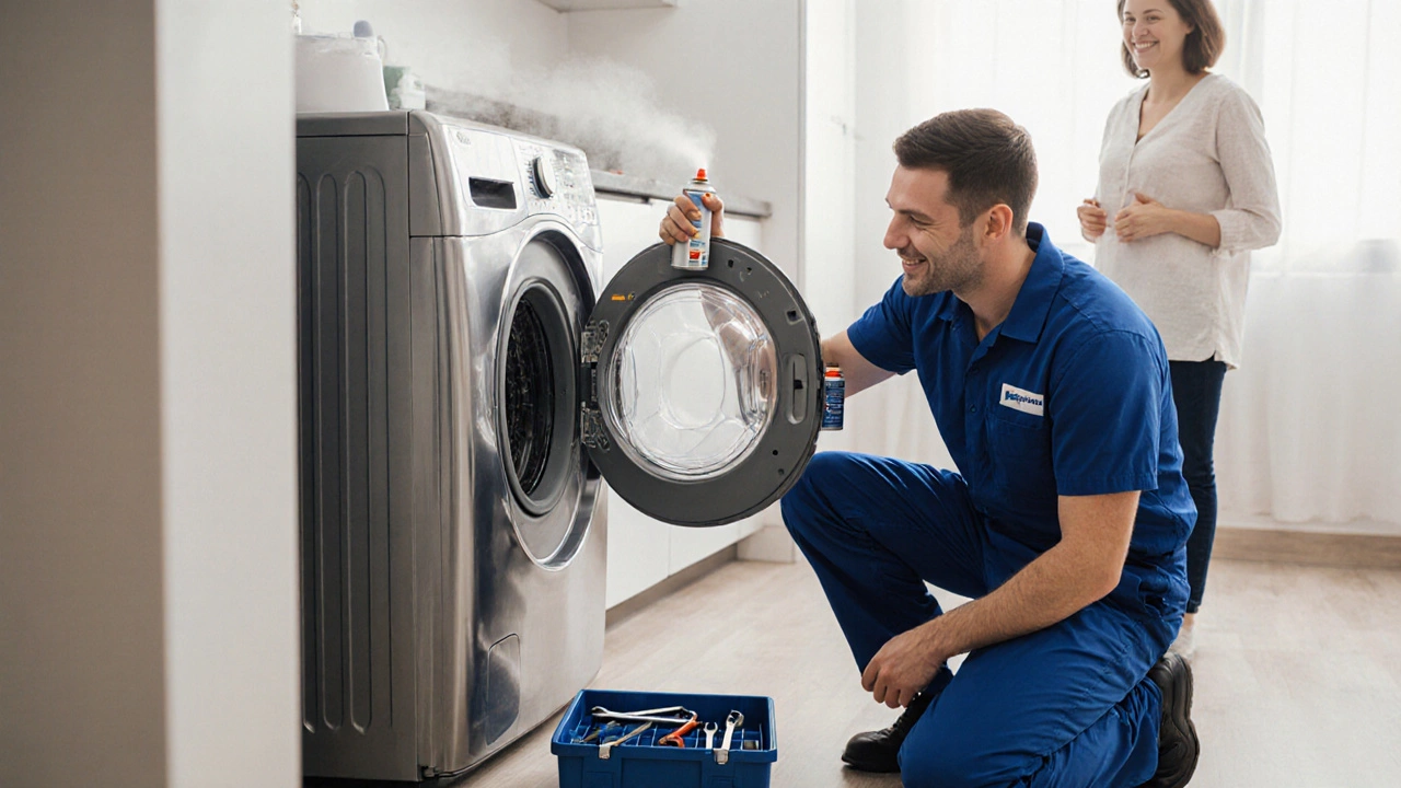 Technician spraying silicone lubricant on a washing machine door lock.