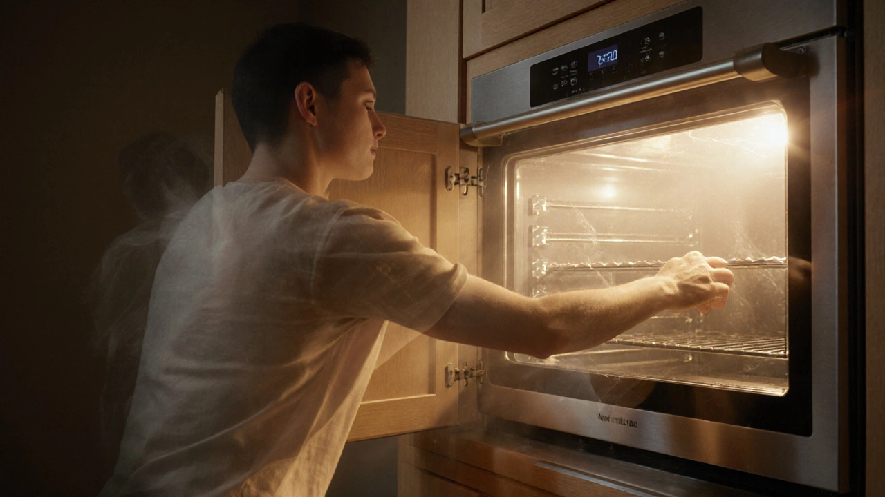 A new oven being installed as the faded outline of an old one disappears in the background.