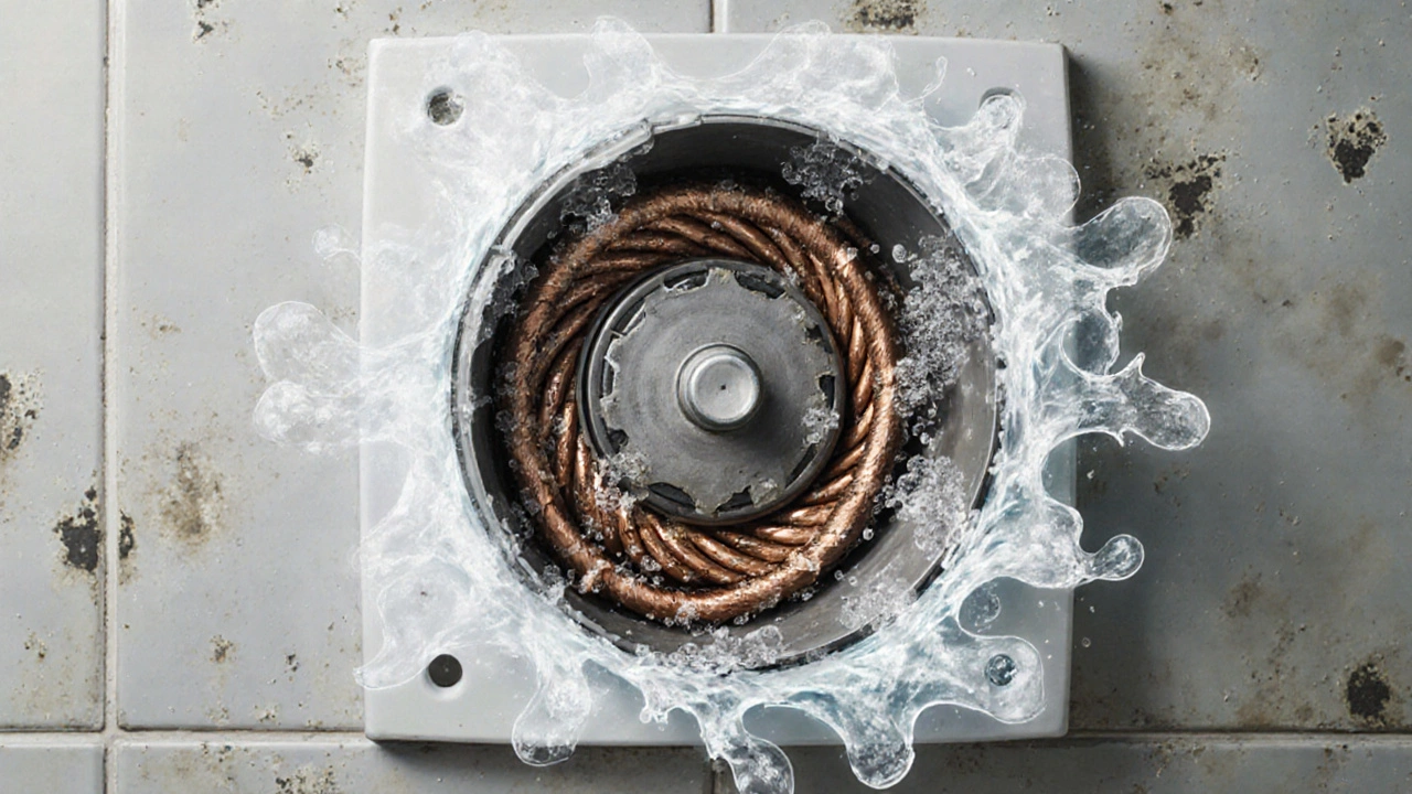 Cross-section of a damaged fan motor with rust, moisture, and frayed wires in a humid bathroom environment.