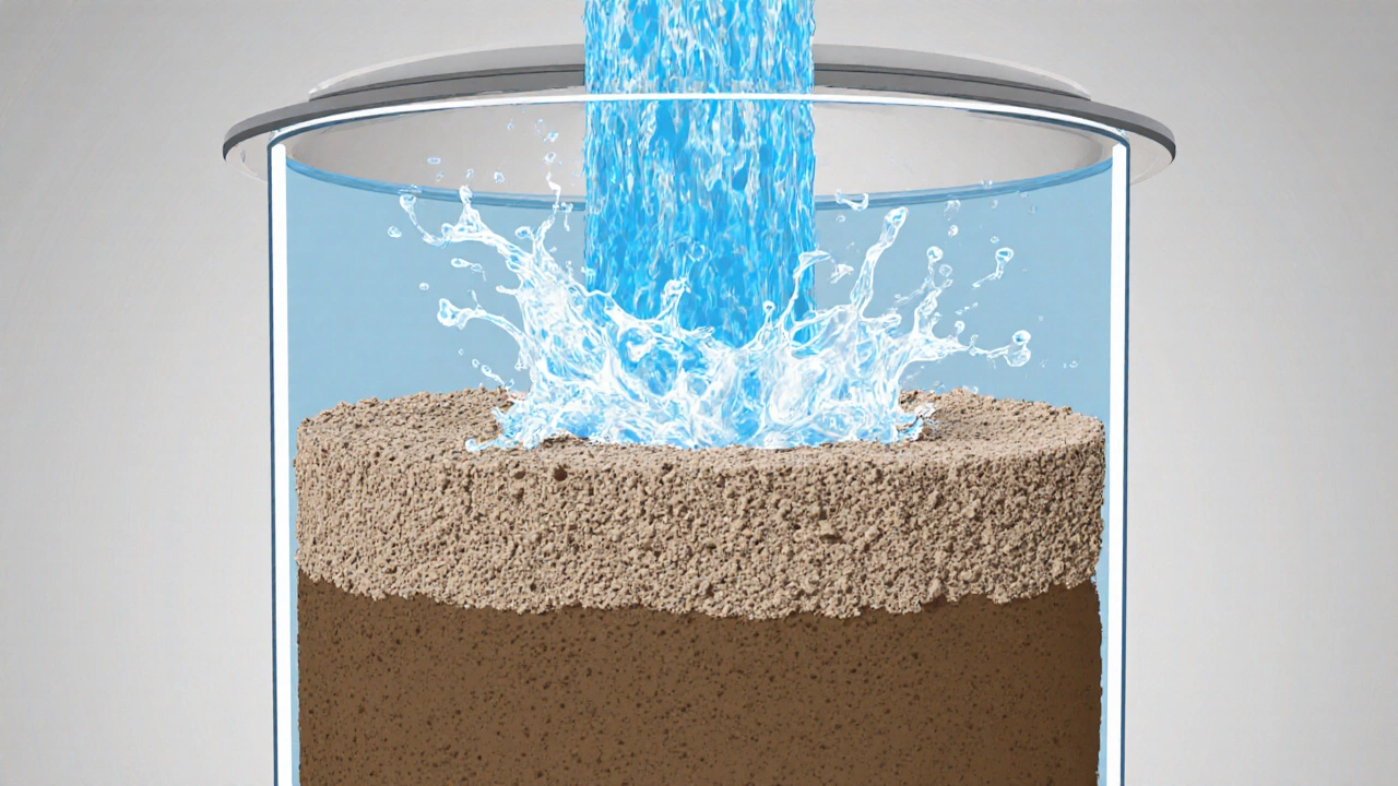 Cross-section of water heater showing thick sediment layer at bottom being flushed away by water jet.