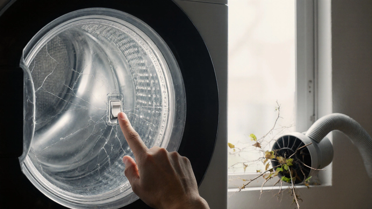 Finger pressing a faulty door switch while dryer drum spins, blocked vent in background.