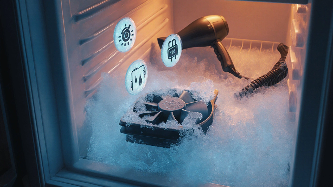 Frozen evaporator fan in a freezer with melting ice and warm hairdryer light.