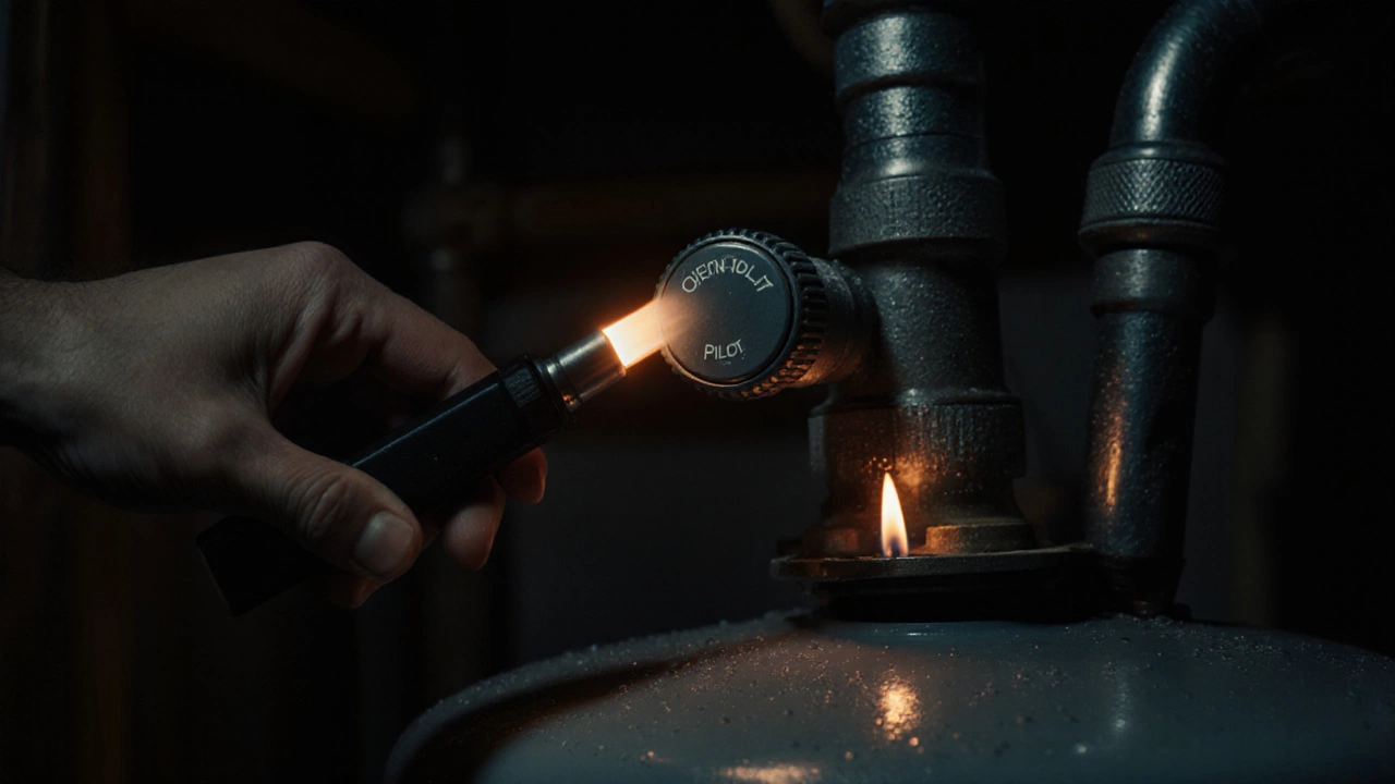 Hand turning gas valve to pilot position with lighter near pilot light