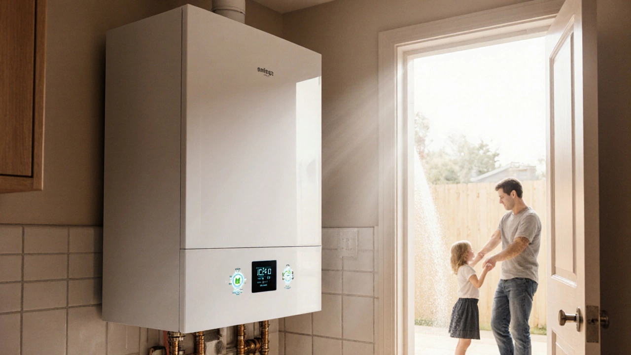 Modern energy-efficient boiler with smart thermostat in a bright utility room.